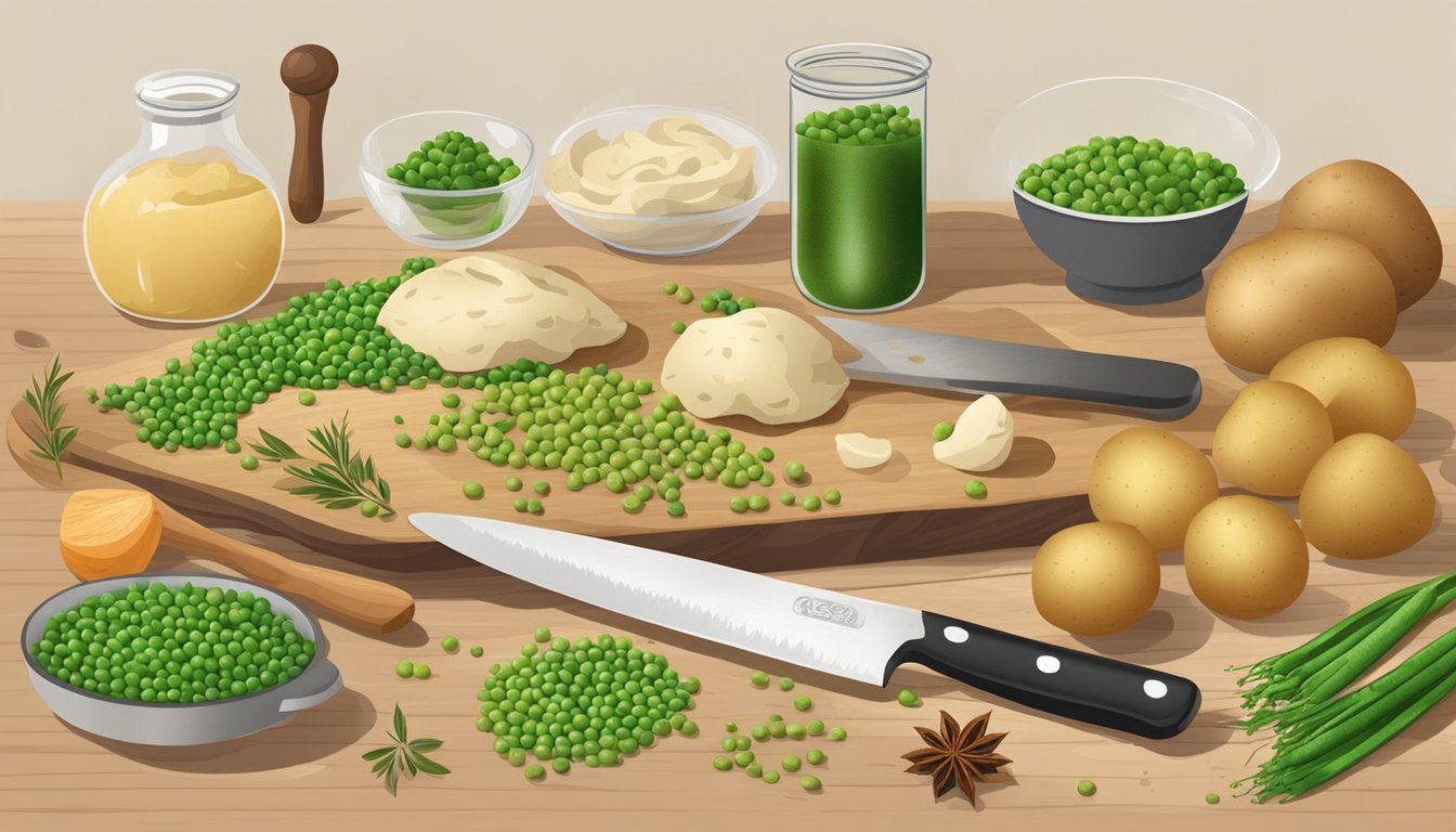 A table with various ingredients scattered: potatoes, peas, spices, and dough. A chef's knife and cutting board are in the background