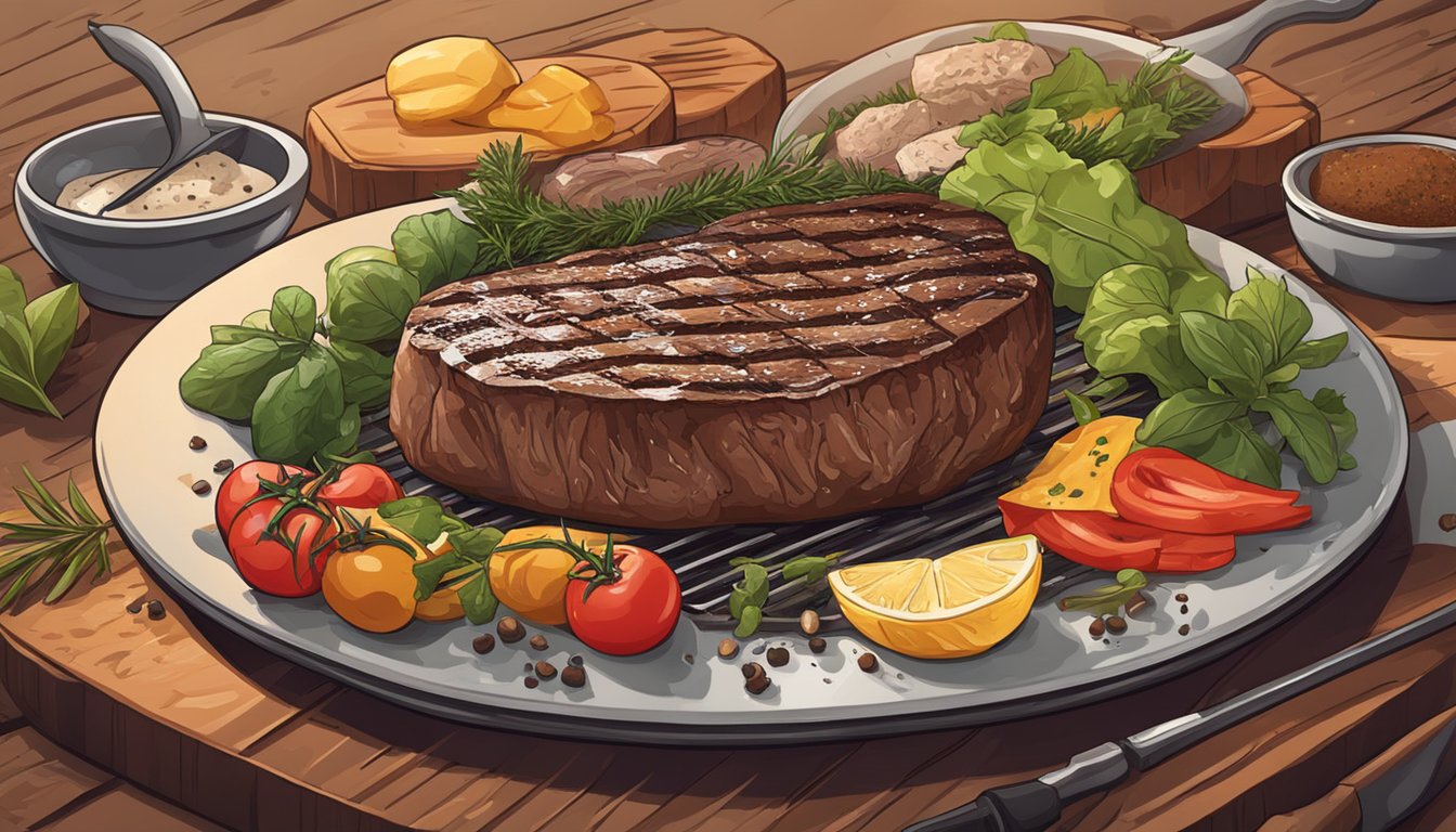 A sizzling steak rests on a hot grill, surrounded by herbs and seasonings, ready for the finishing touches