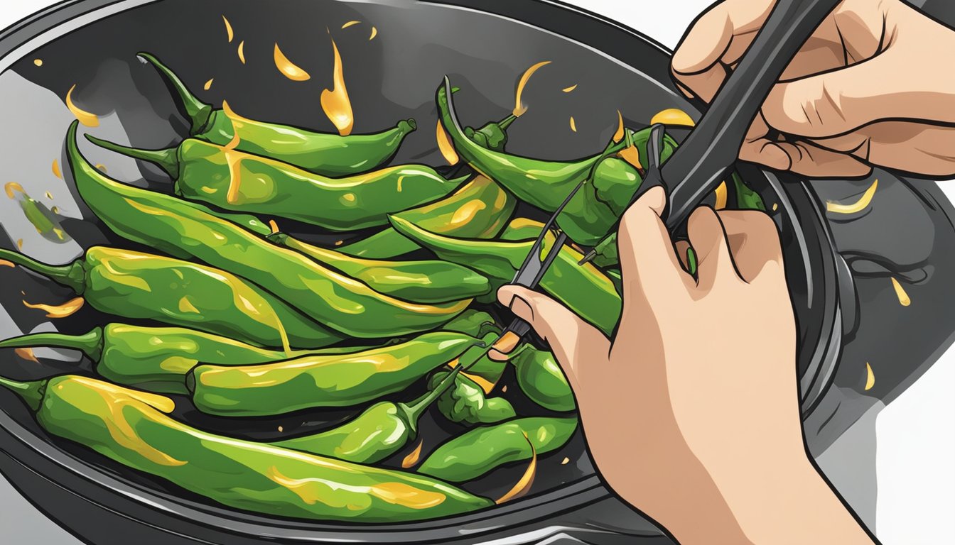 Shishito peppers sizzling in a hot frying pan, turning golden and blistered. A hand reaches in with tongs to flip them