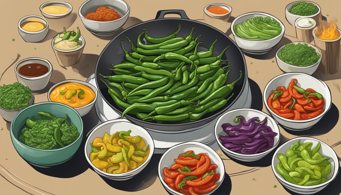 A sizzling pan of shishito peppers frying, surrounded by bowls of various sauces and dips