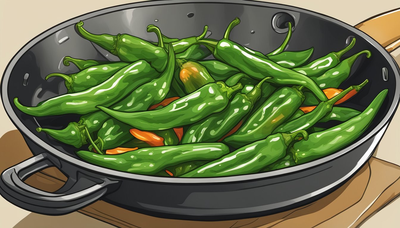 Shishito peppers sizzling in a hot frying pan, releasing a savory aroma as they cook to perfection