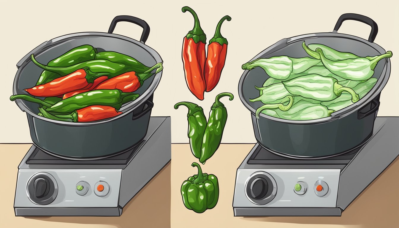 Shishito peppers being fried in a pan, then transferred to a storage container for reheating