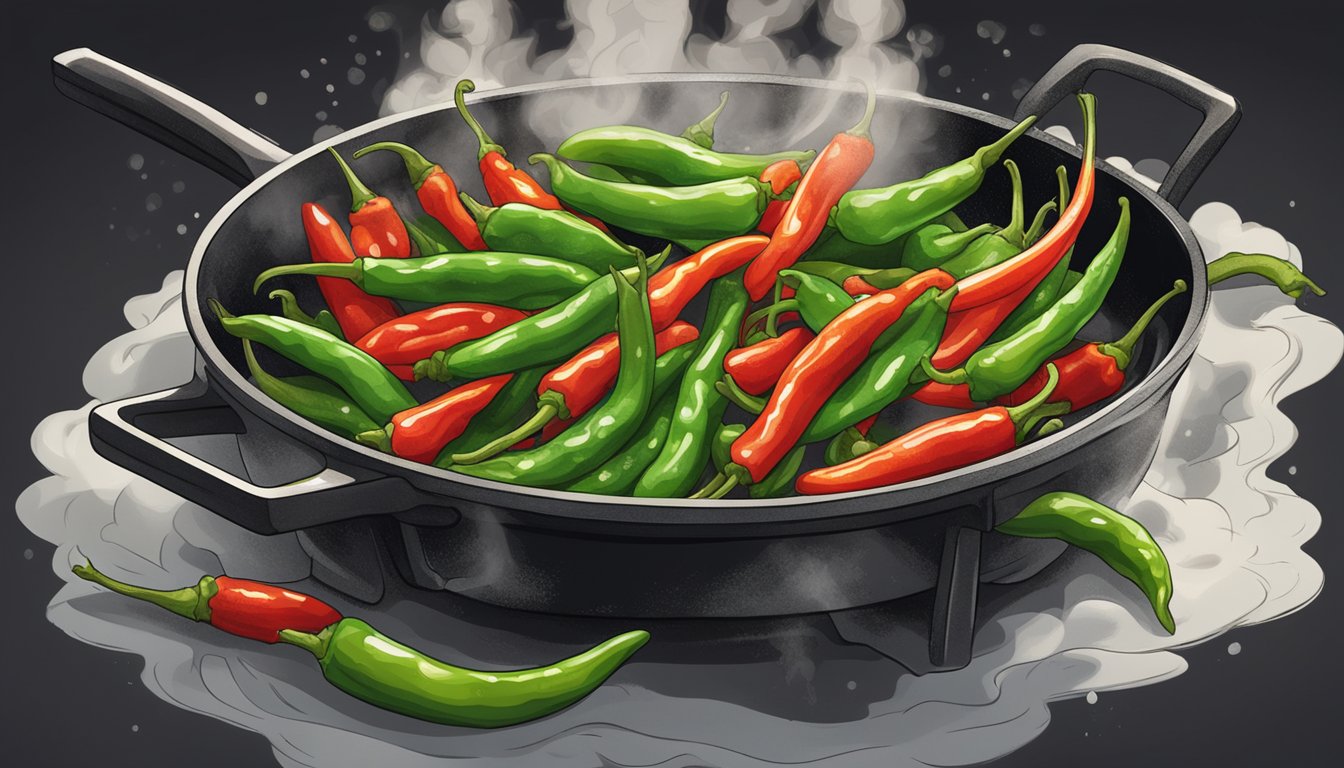 Shishito peppers sizzling in a hot skillet, surrounded by aromatic steam and a hint of charring