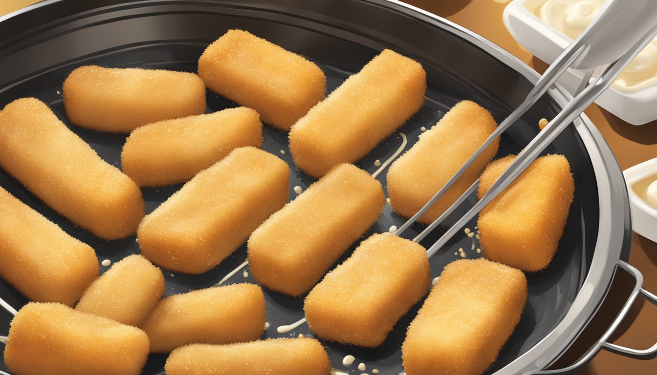 Mozzarella sticks sizzling in hot oil, turning golden brown