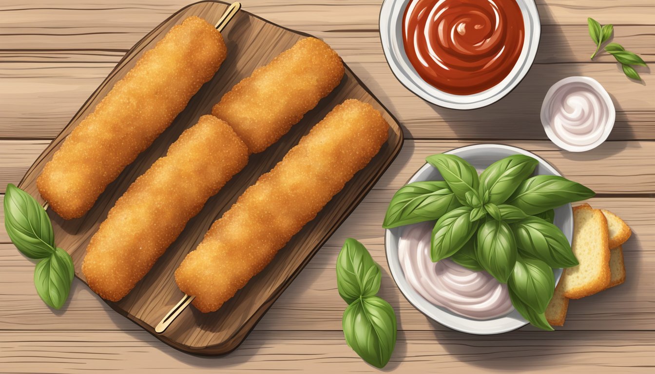 Golden-brown mozzarella sticks arranged on a rustic wooden board with marinara dipping sauce and fresh basil garnish