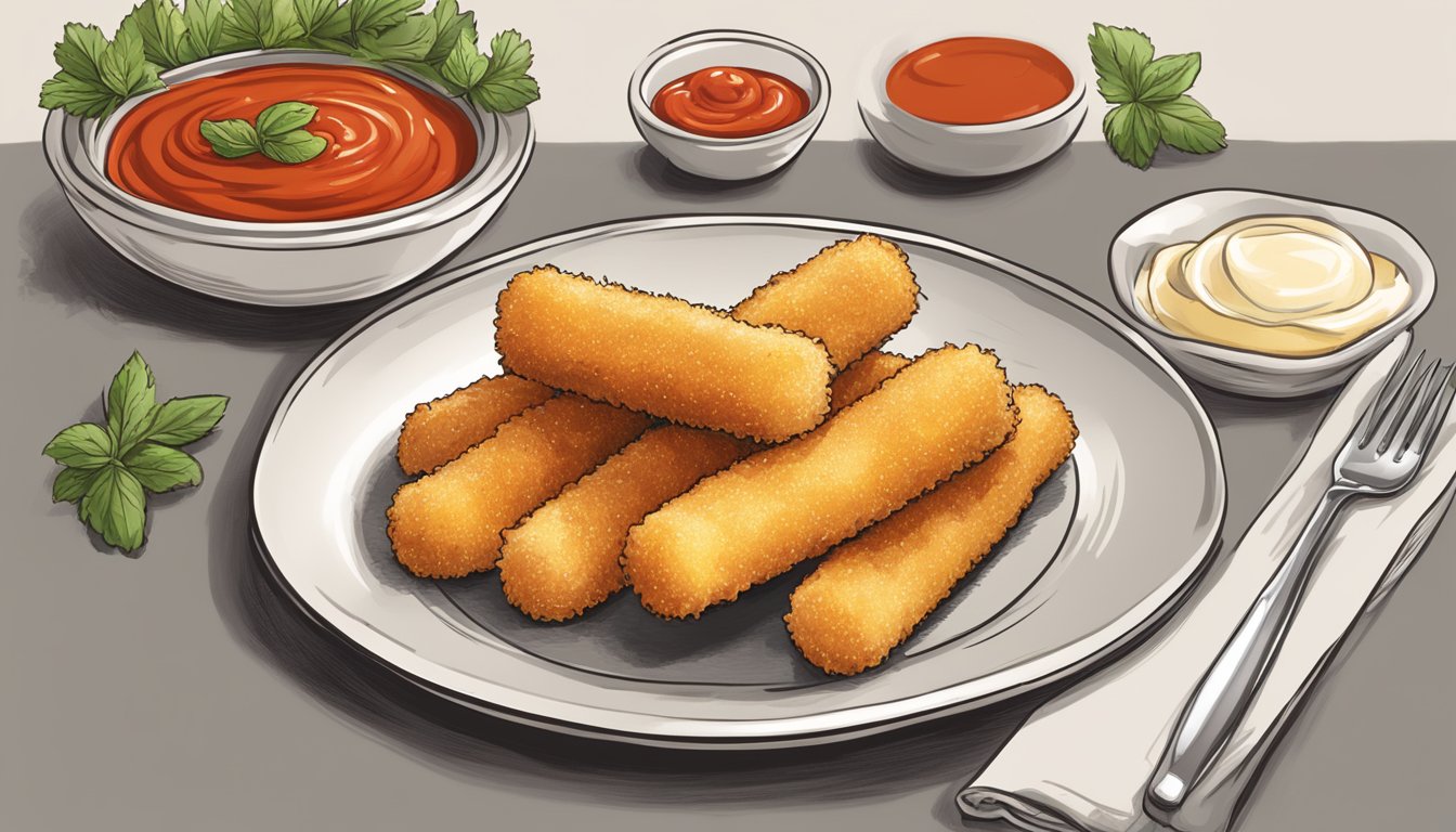 Golden, crispy mozzarella sticks on a plate with a side of marinara sauce