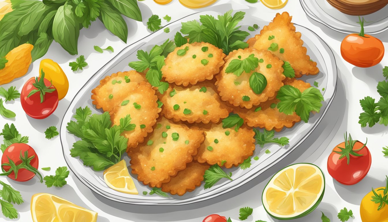 Golden fried ravioli surrounded by fresh herbs and colorful vegetables on a white plate