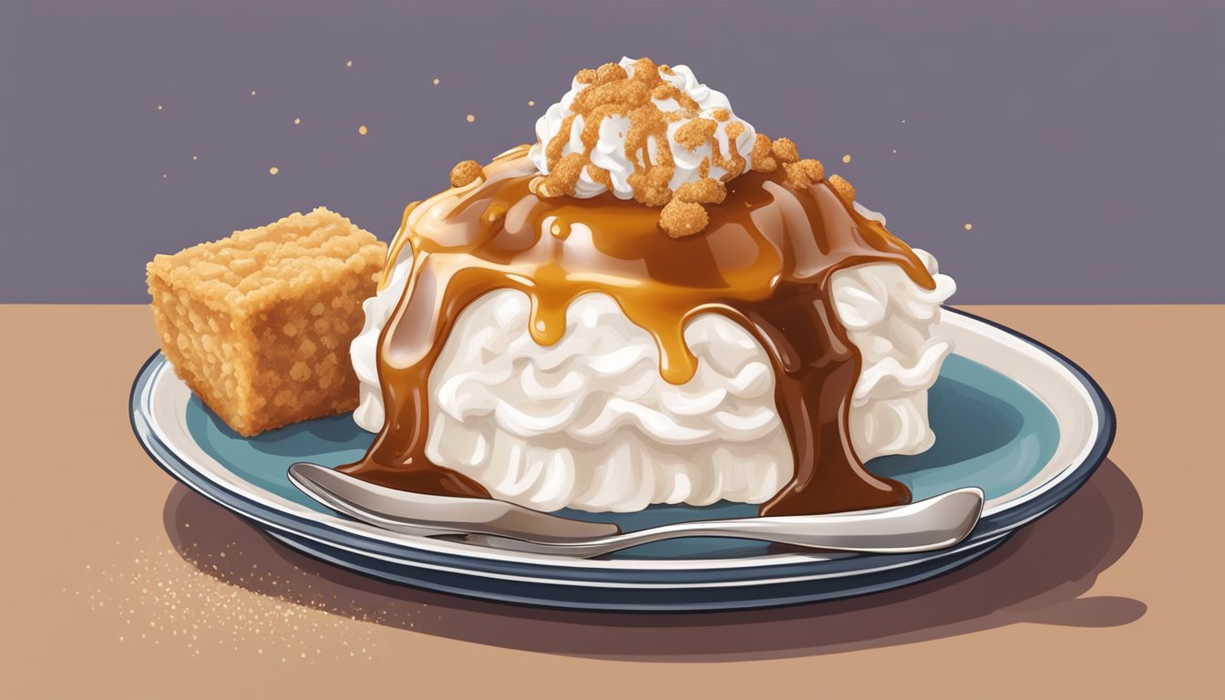 A scoop of fried ice cream topped with caramel sauce and a sprinkle of cinnamon, served on a decorative plate with a dollop of whipped cream on the side