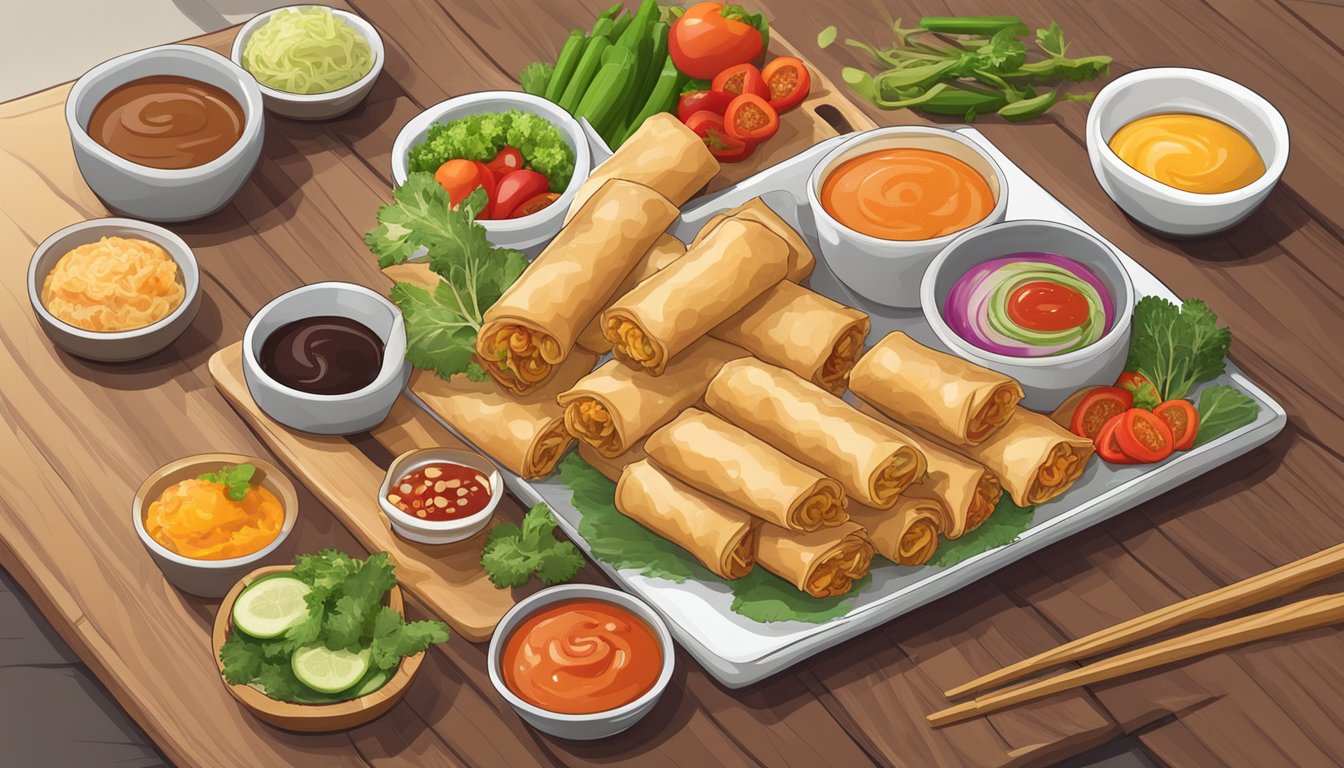 A plate of crunchy spring rolls surrounded by colorful vegetables and a variety of dipping sauces on a wooden serving board