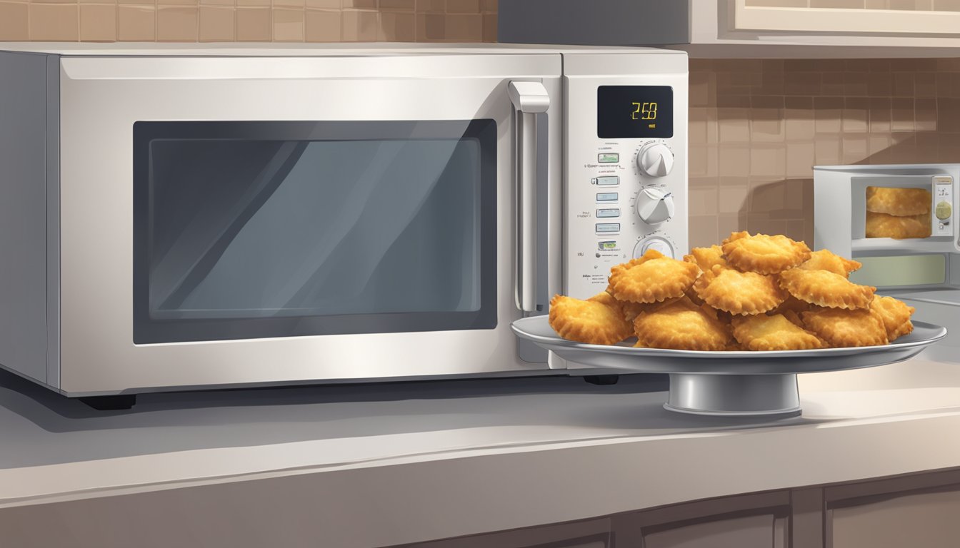 A plate of fried ravioli sits next to a microwave. Steam rises as the ravioli are reheated