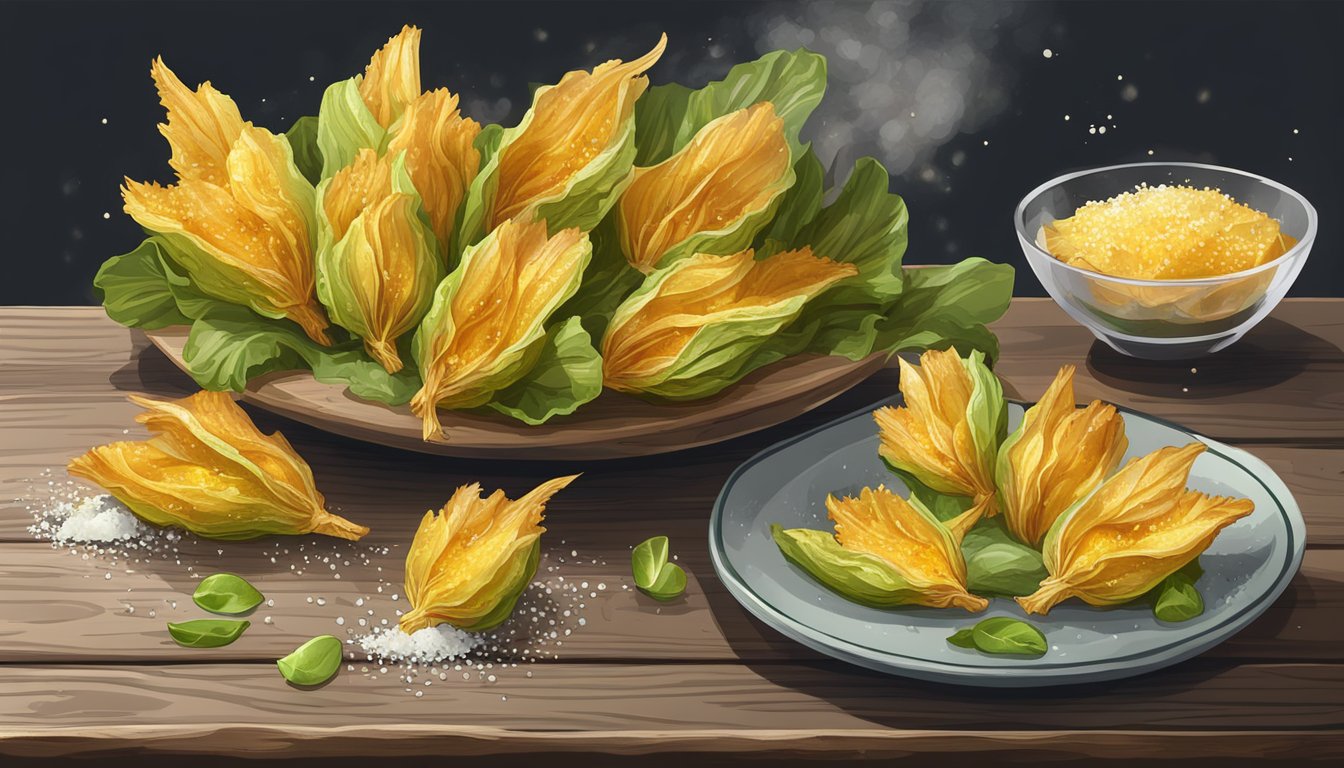 A plate of golden fried zucchini blossoms with a sprinkle of sea salt, served on a rustic wooden board