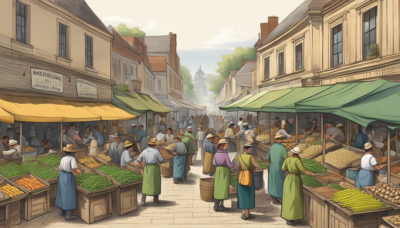 A bustling outdoor market with vendors selling fried green beans in a historical setting