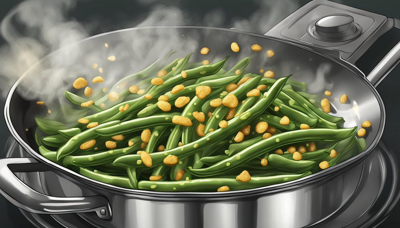 A sizzling pan of golden fried green beans, steam rising