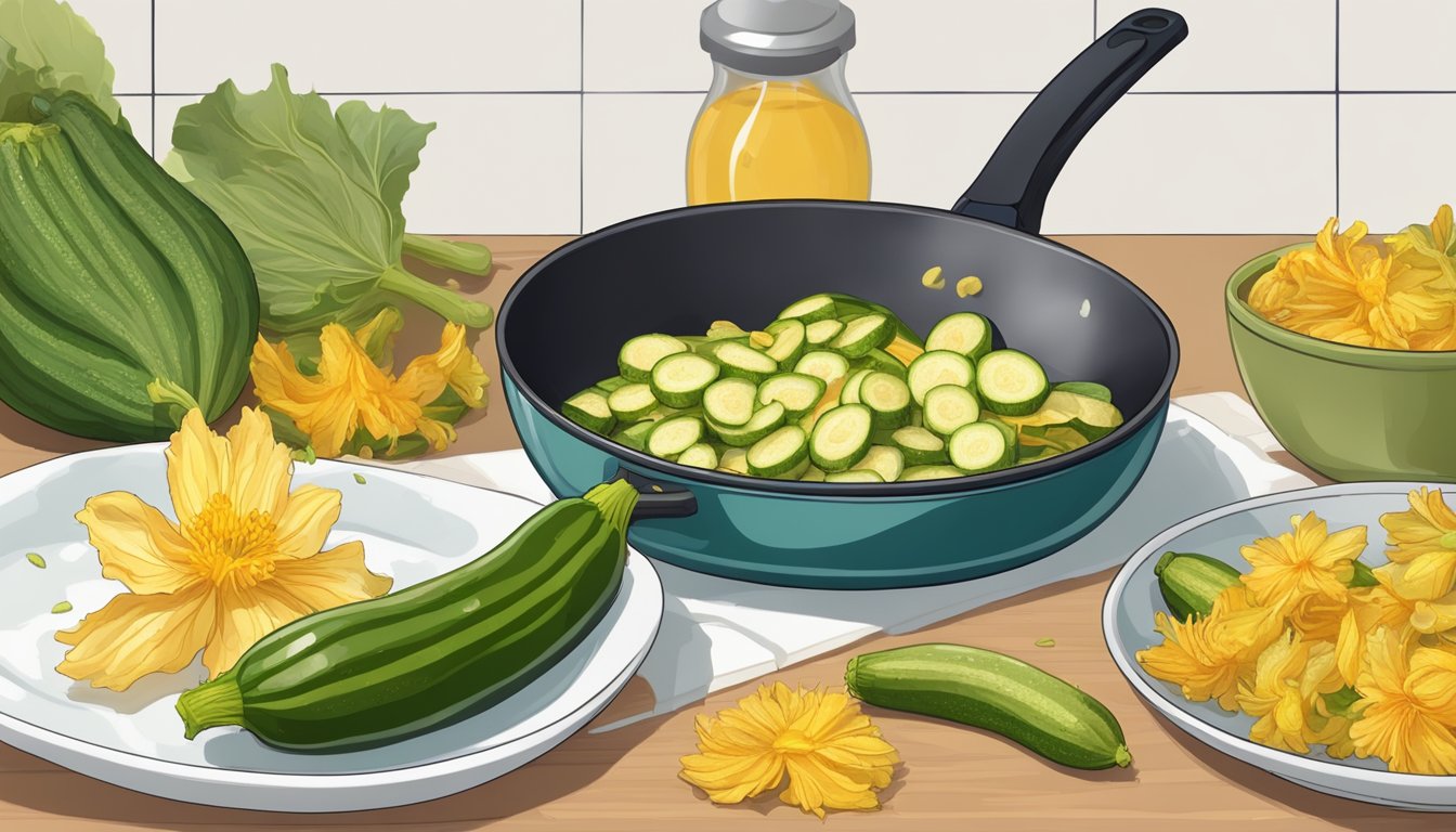 A kitchen counter with freshly picked zucchini blossoms, a bowl of batter, and a frying pan sizzling with golden fried blossoms