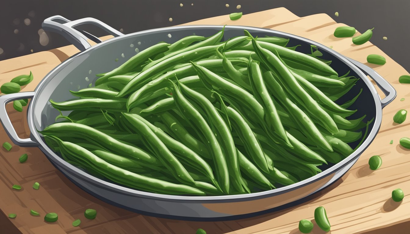 Fresh green beans being washed, trimmed, and coated in seasoned flour before being fried in a sizzling pan