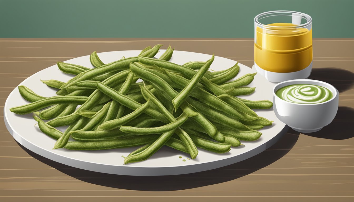 A platter of golden fried green beans arranged in a circular pattern with a side of dipping sauce