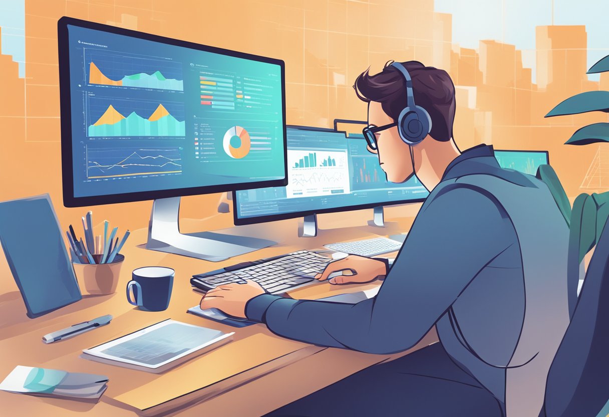 How Often Should a Business Upgrade Their Website? 3 A person sitting at a desk, looking at a computer screen with various graphs and charts displaying website data