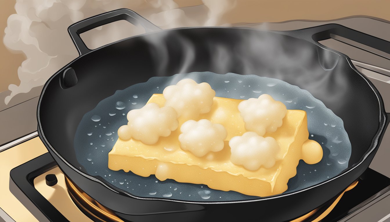 A cast-iron skillet sizzling with bubbling lard over a hot stove