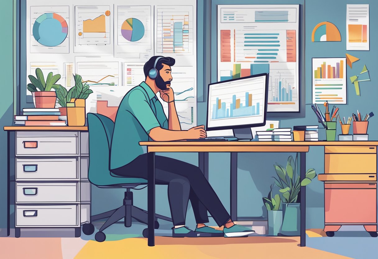 How Often Should a Business Upgrade Their Website? 4 A business owner sits at a desk, surrounded by charts and graphs. They are deep in thought, pondering the frequency of website updates