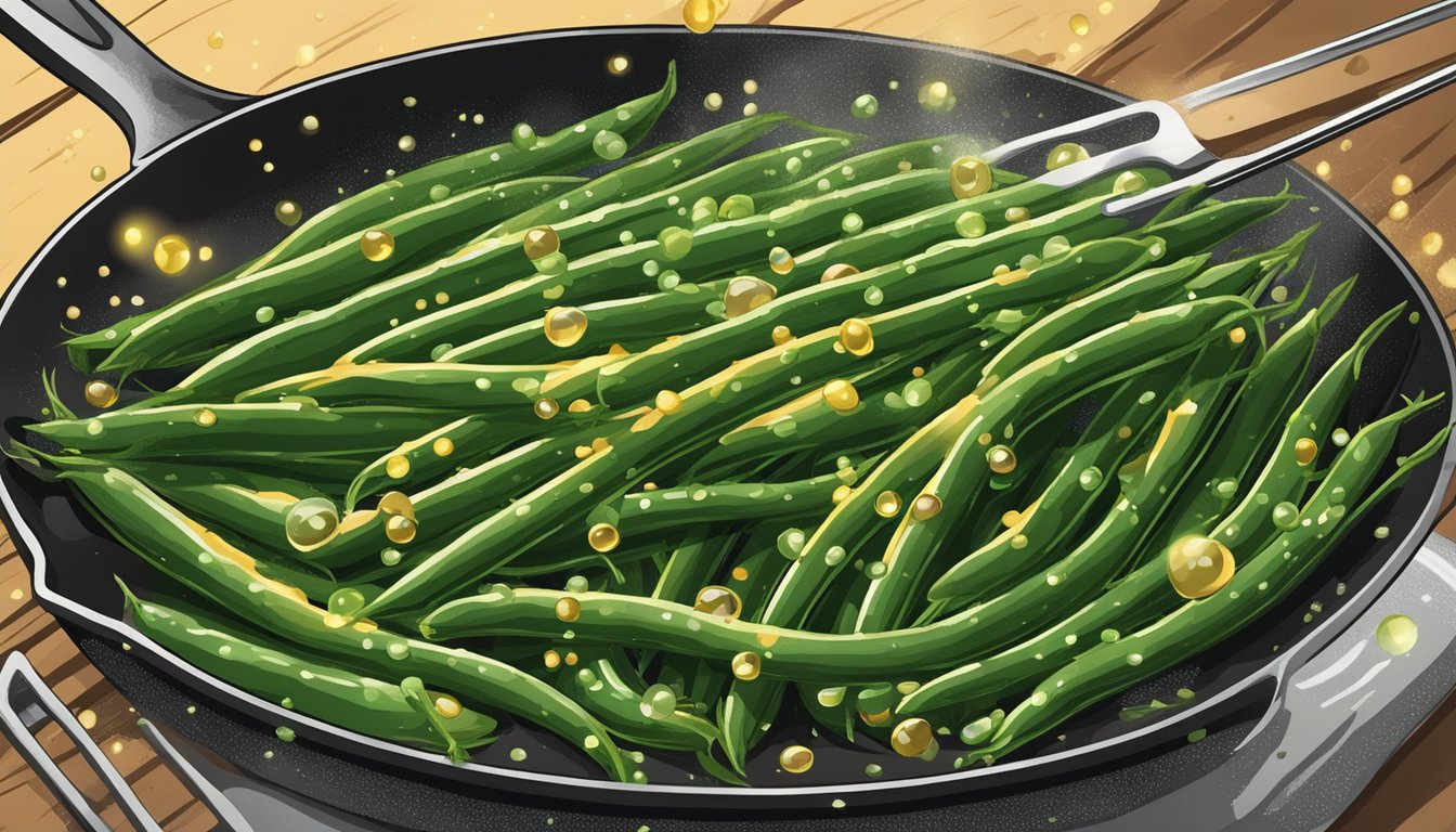 Crispy green beans sizzling in a hot skillet, surrounded by bubbles of oil. A spatula flips them over, revealing their golden-brown, crunchy texture