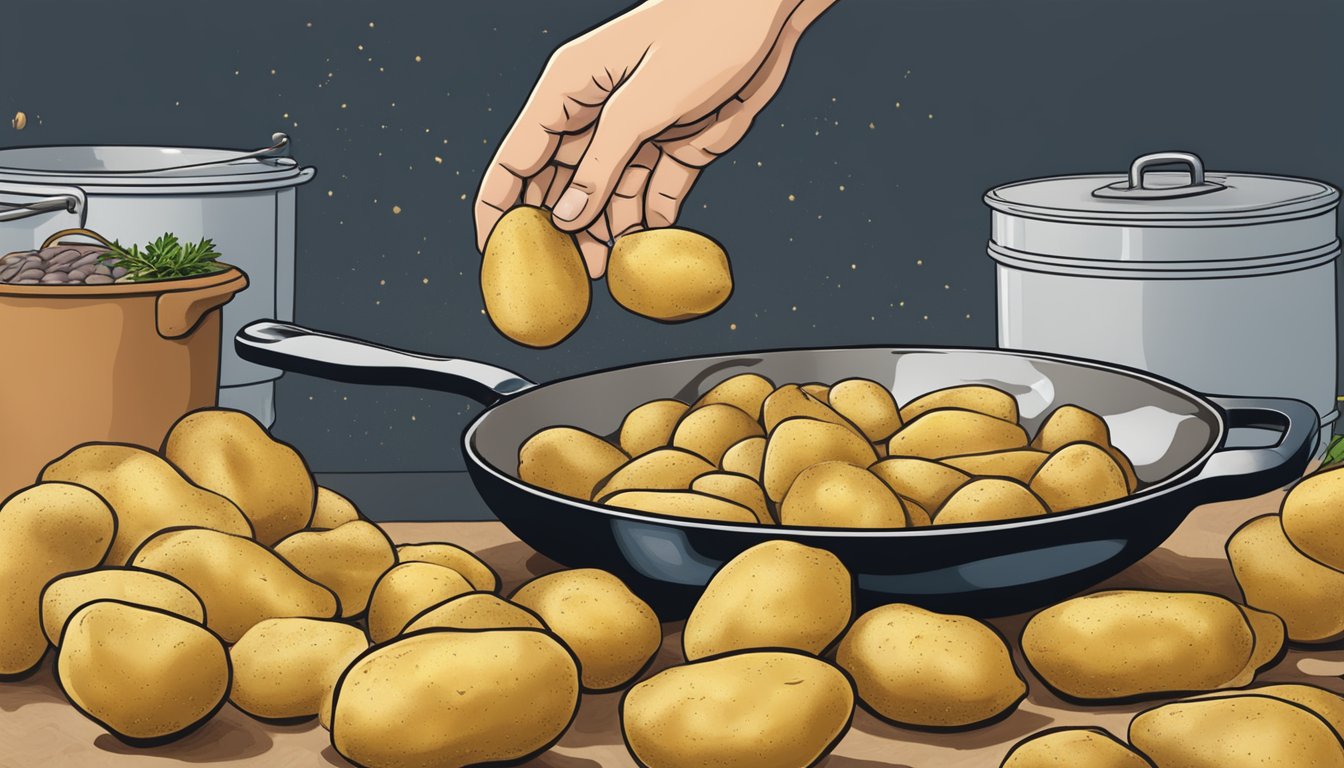 A hand reaching for a pile of golden potatoes, some whole and some sliced, with a skillet sizzling in the background