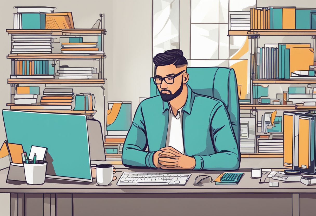 How Often Should a Business Upgrade Their Website? 7 A business owner sitting at a computer, surrounded by social media and digital marketing materials, contemplating website upgrades