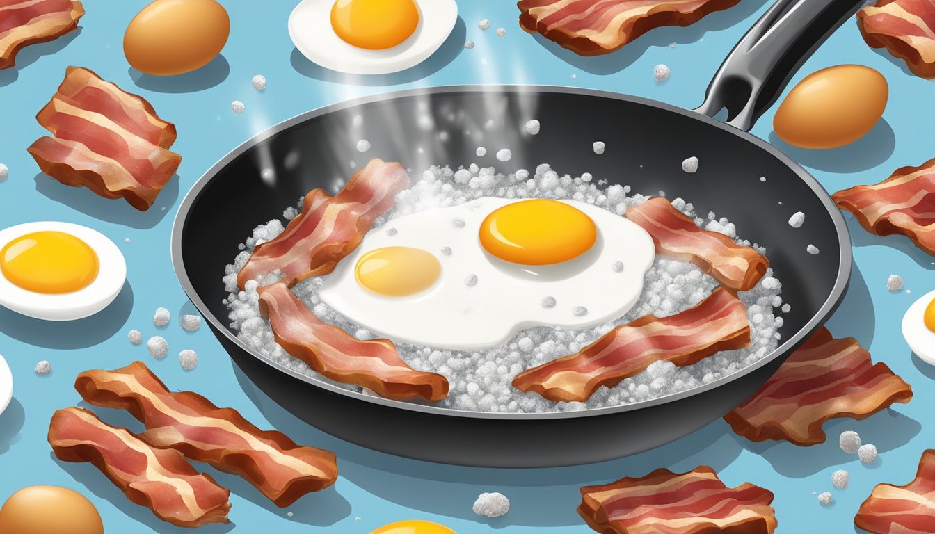 A sprinkle of salt and pepper falling onto a sizzling pan with bacon and eggs