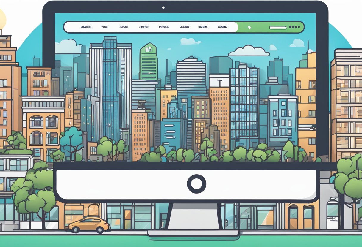 How Often Should a Business Upgrade Their Website? 10 A bustling city skyline with a modern, sleek website interface overlaying the buildings, showcasing e-commerce features and upgrades