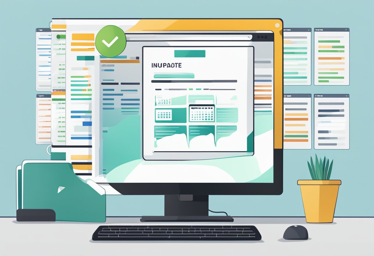 How Often Should a Business Upgrade Their Website? 11 A computer screen showing a website being updated with new internal links, while a calendar on the wall marks the date of the last upgrade