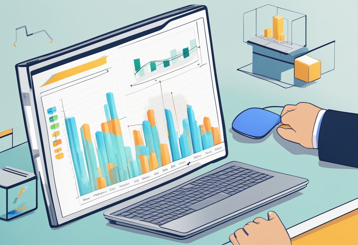 How Often Should a Business Upgrade Their Website? 13 A computer monitor displaying a line graph tracking website performance over time, with a hand using a mouse to click on various data points for analysis