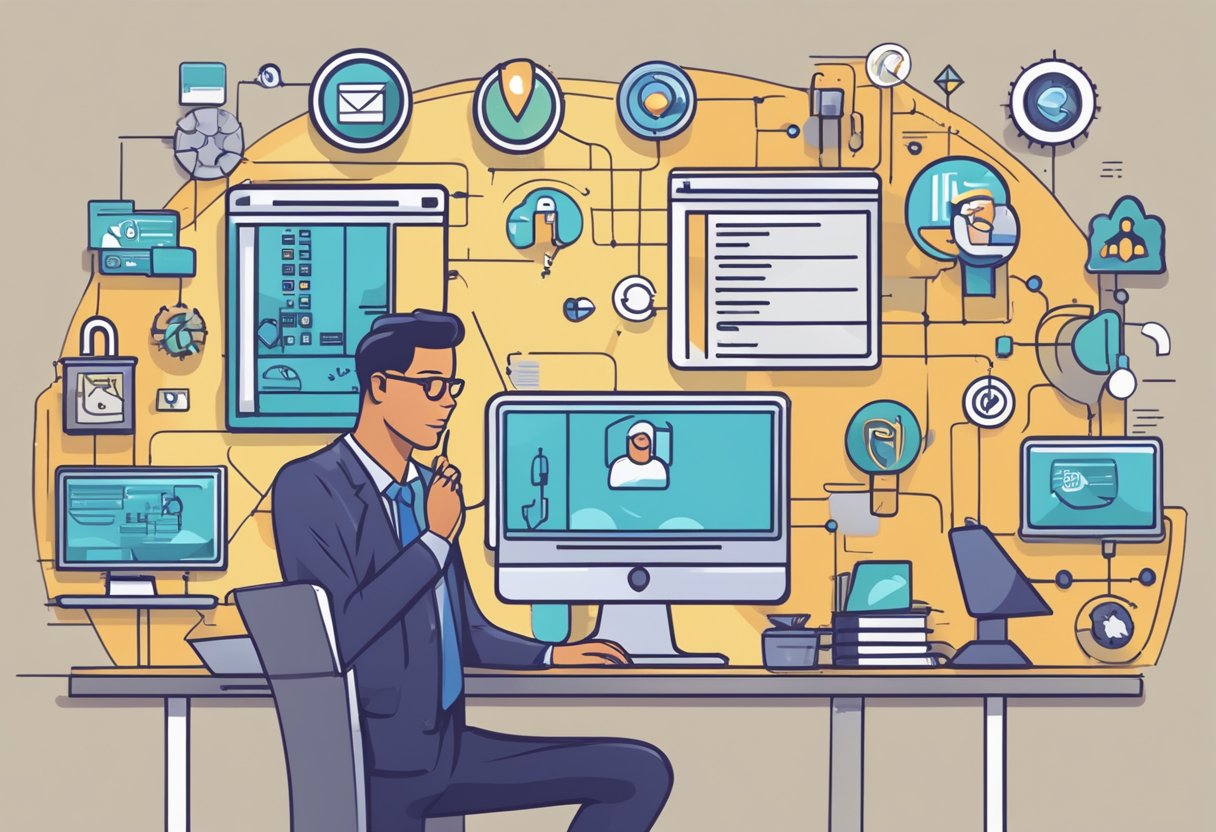 How Often Should a Business Upgrade Their Website? 14 A business owner standing in front of a computer, surrounded by various security icons and symbols, contemplating when to upgrade their website