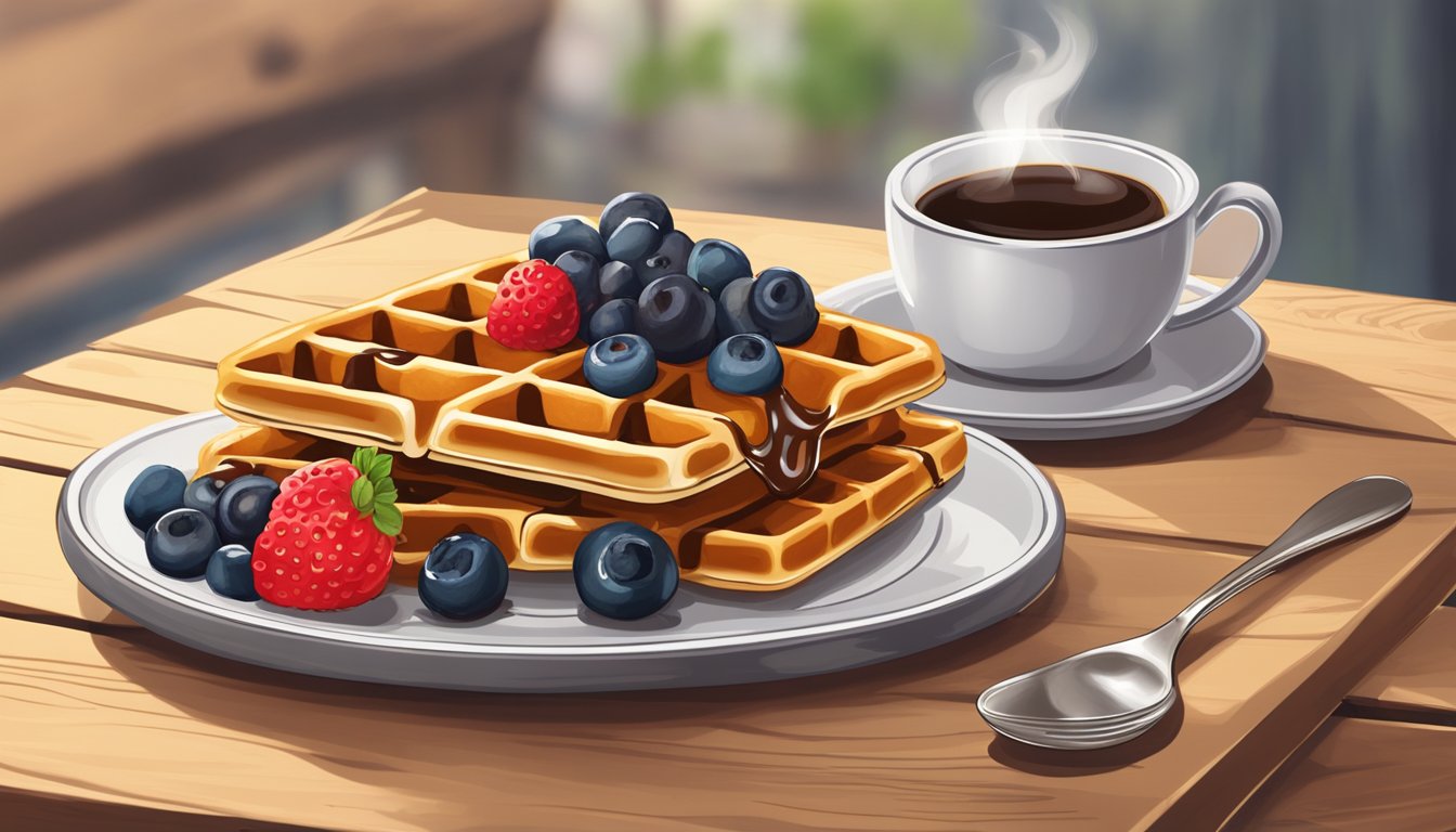 A plate of golden-brown waffles topped with fresh berries and a drizzle of syrup, served alongside a steaming cup of coffee on a rustic wooden table