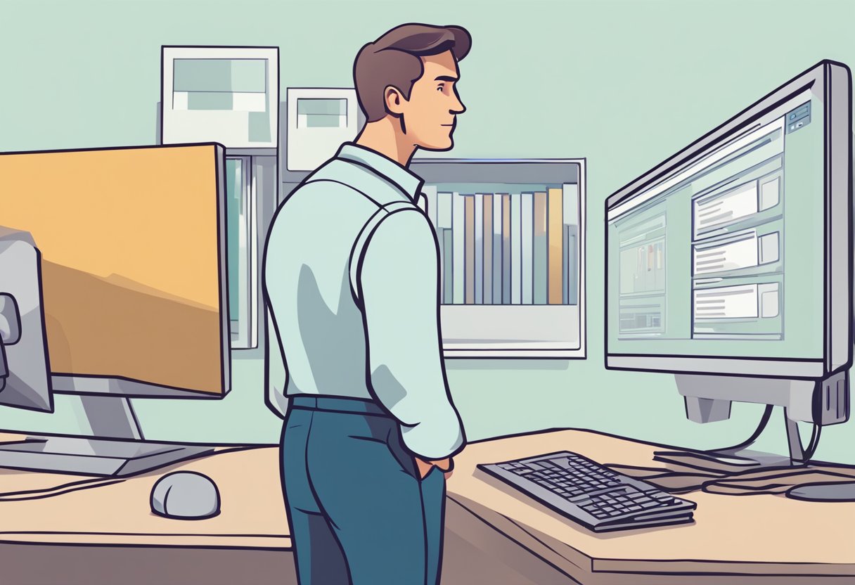 How Often Should a Business Upgrade Their Website? 15 A business owner standing in front of a computer, contemplating whether to upgrade their website. The computer screen displays an outdated website design