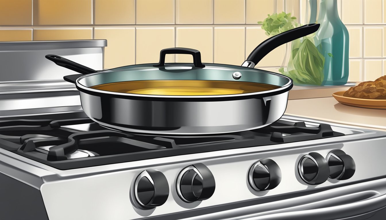 A pan sits on a stovetop with oil barely shimmering, as food gently sizzles in the low heat