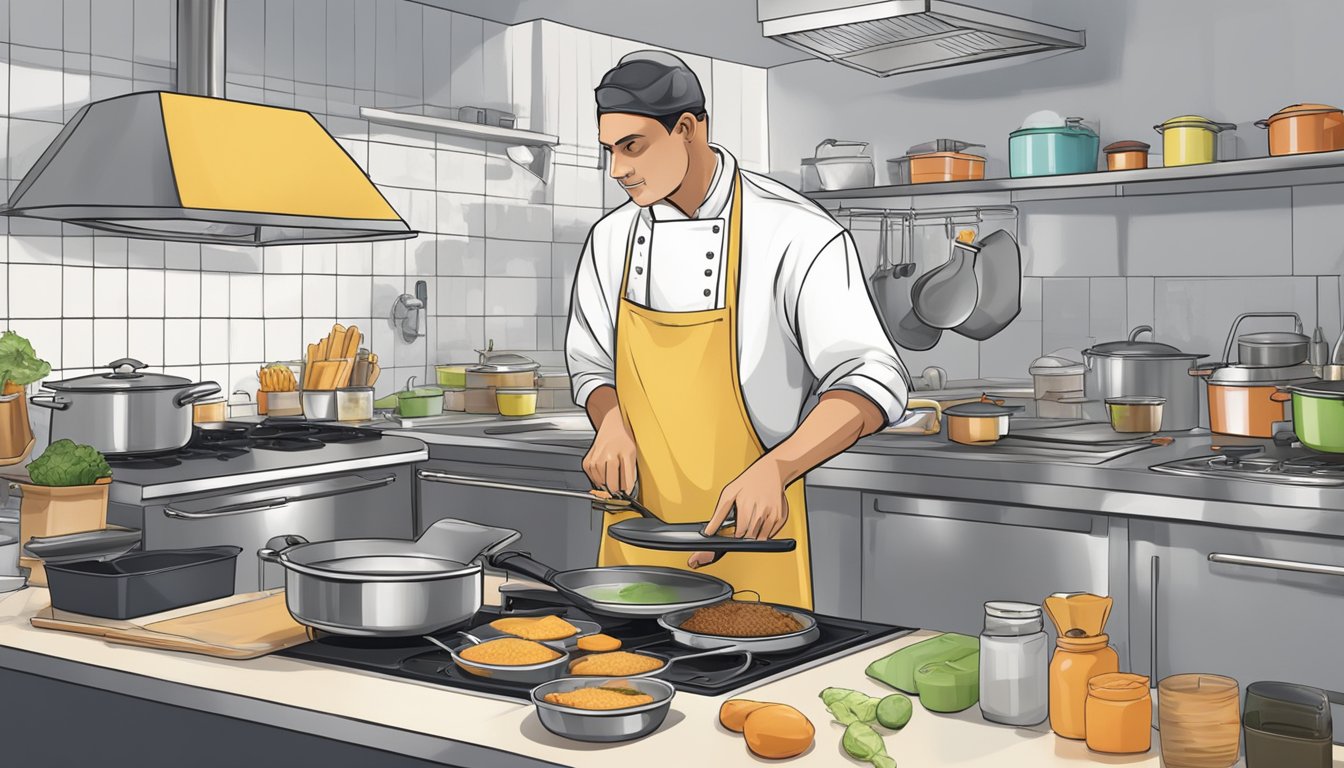 A chef frying food in a clean and organized kitchen, with safety equipment nearby