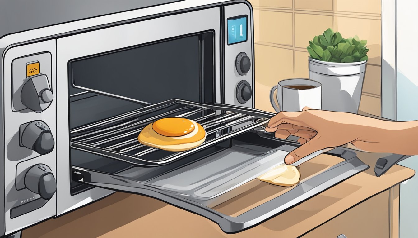 A hand placing a slice of breakfast in a toaster oven