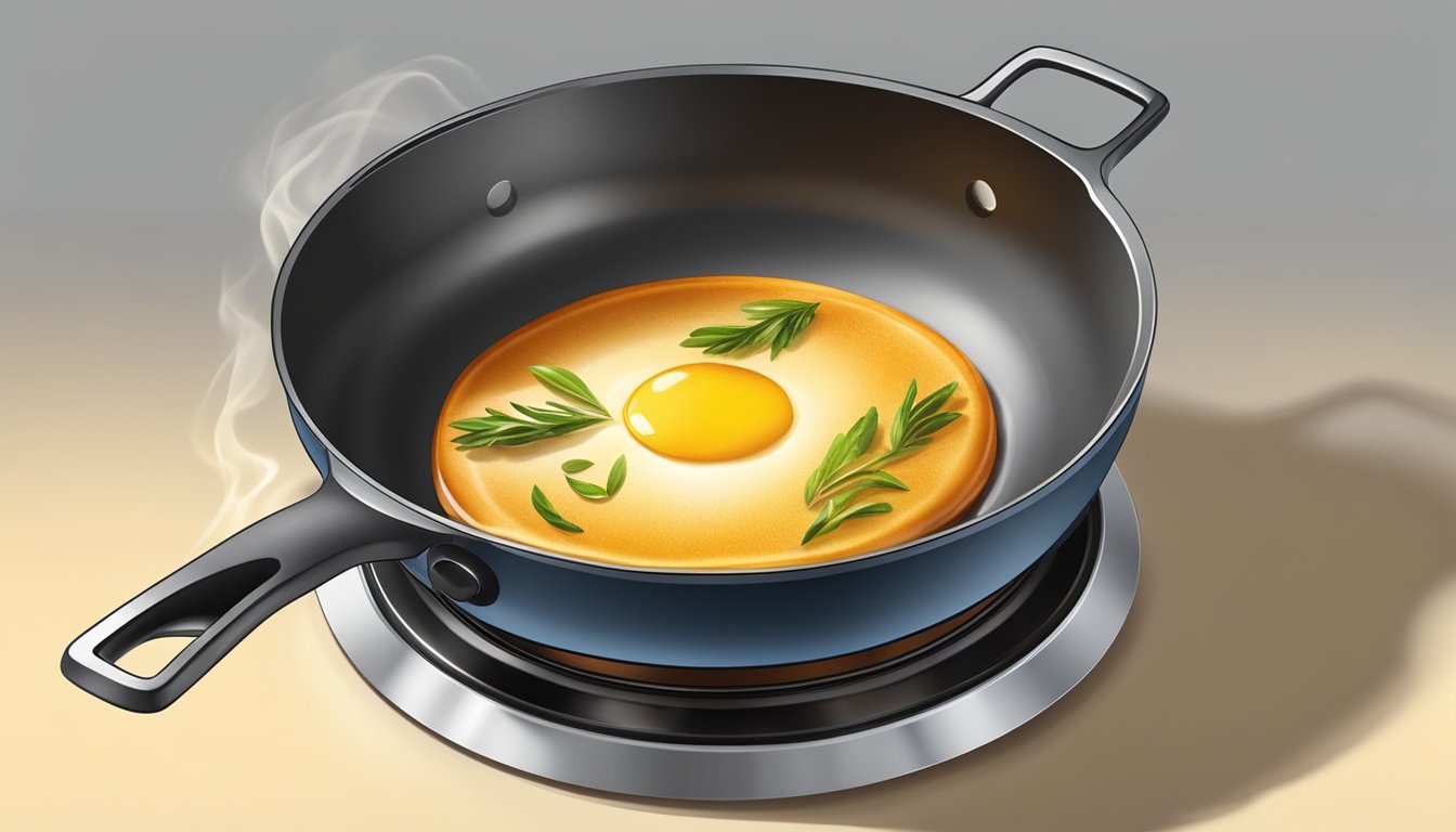 A skillet with oil at low heat, food gently sizzling, steam rising