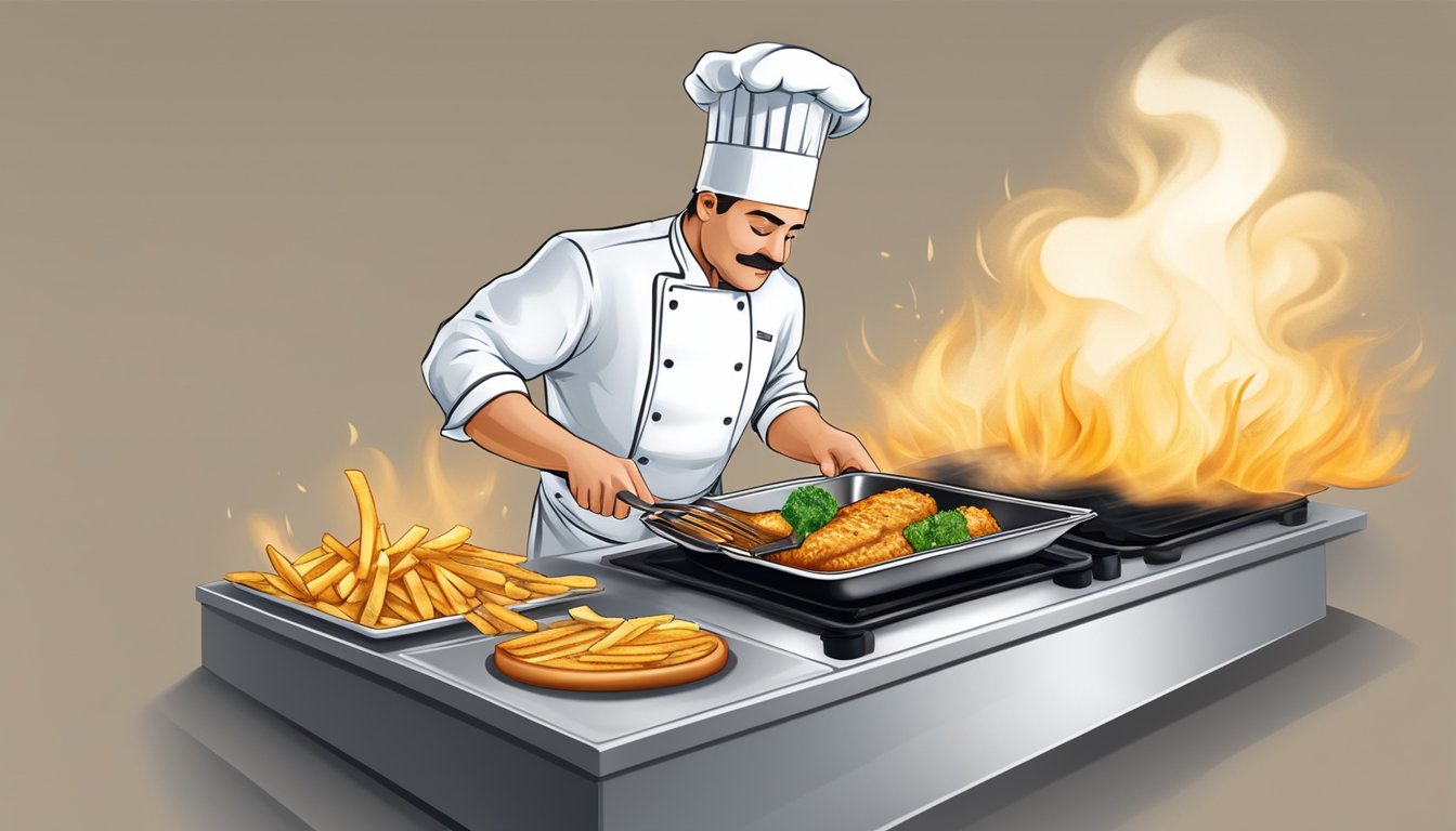 A chef confidently fries food in a sizzling pan, ensuring quality and consistency