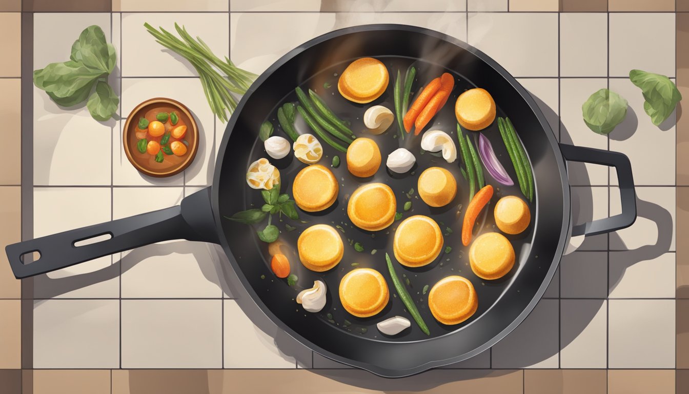 A skillet with sizzling oil, gently frying a variety of food items at a low temperature