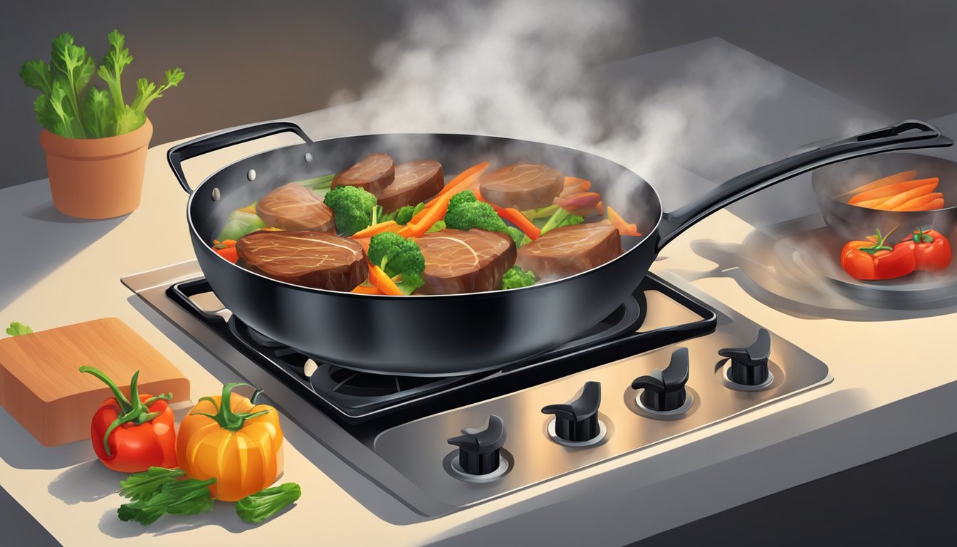 A pan sits on a stovetop, emitting a low flame. Slices of vegetables and meat sizzle in the pan, as steam rises from the gently frying food