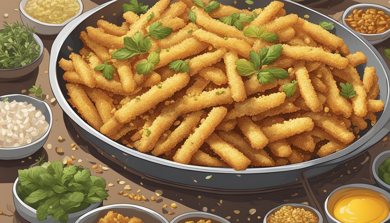 A bubbling pan of hot oil fries up a variety of crunchy toppings, including breadcrumbs, nuts, and herbs, creating a golden and crispy texture