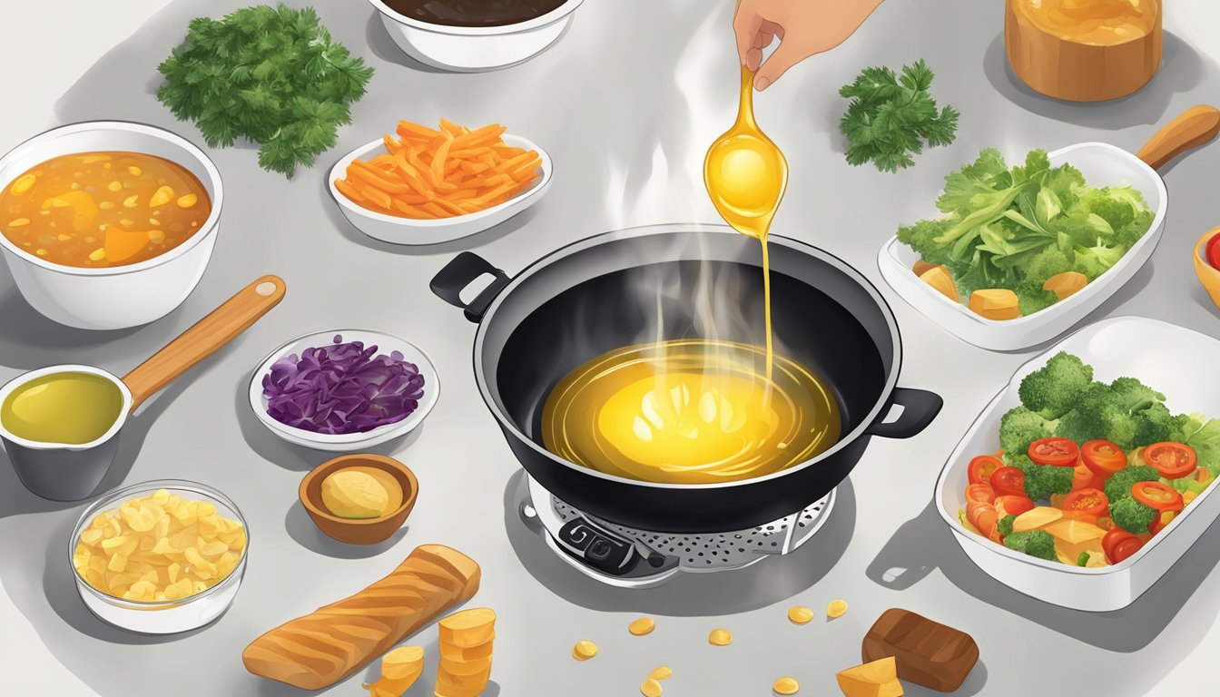 A pot of sizzling oil with various ingredients being dropped in for frying