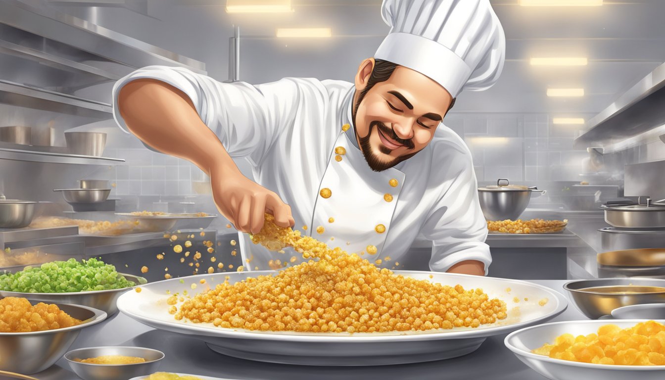 A chef sprinkling golden crispy fried toppings onto a dish