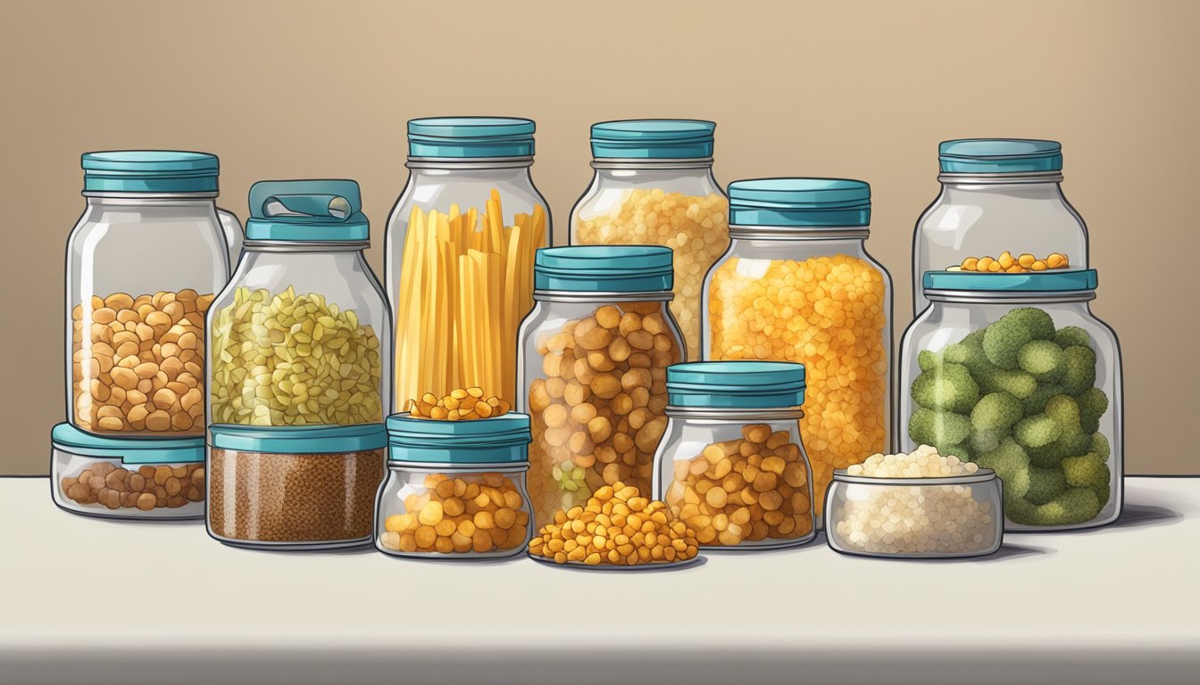 A kitchen counter with various containers of prepped crispy fried toppings and labeled storage jars