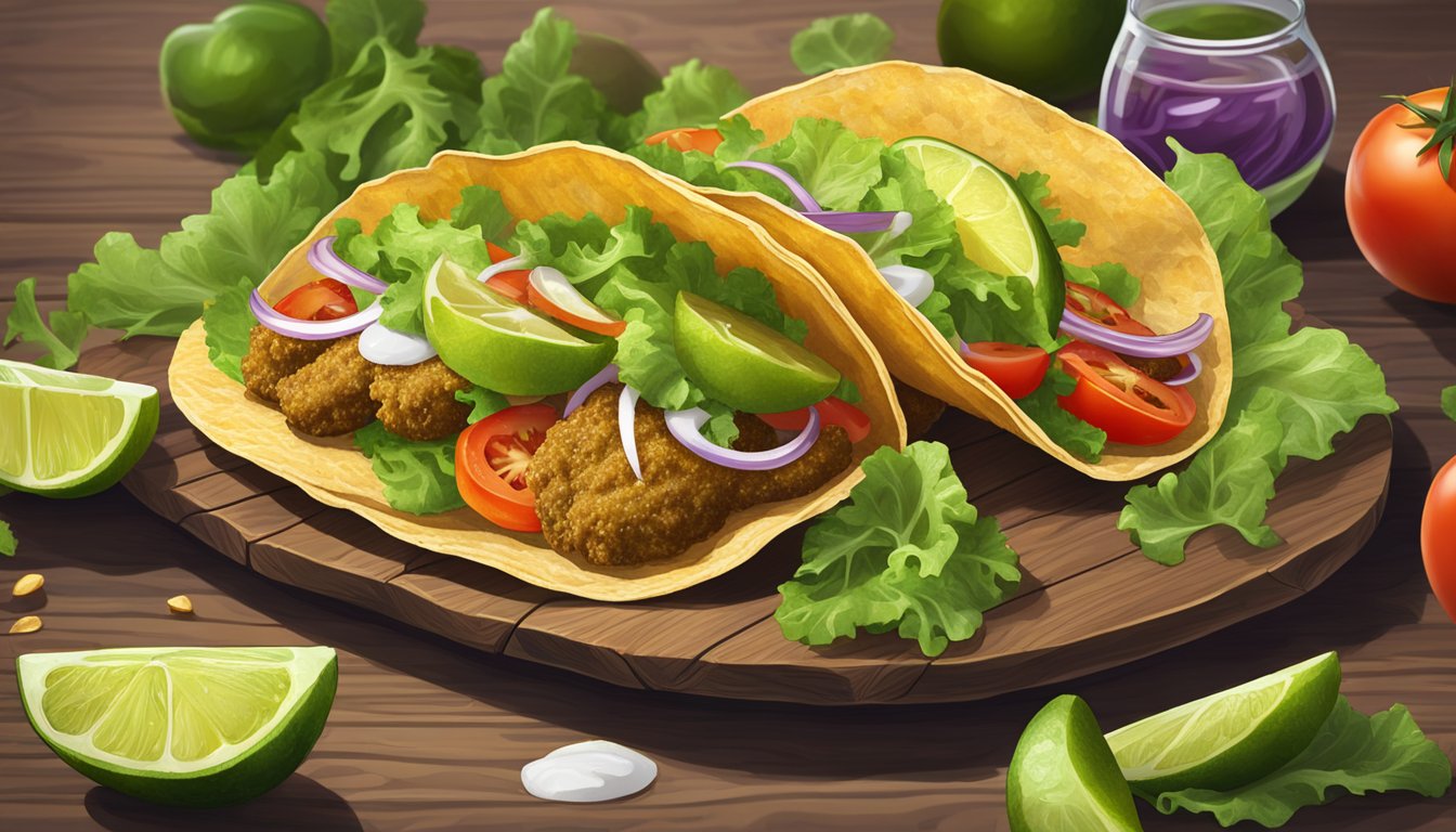 Golden fried avocado tacos surrounded by vibrant lettuce, tomatoes, and lime wedges on a rustic wooden plate