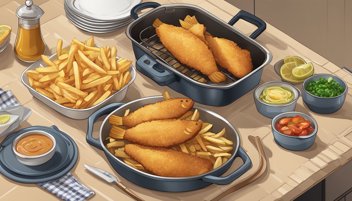 A cozy kitchen with a sizzling fryer, a platter of golden-brown fish and chips, and various cooking utensils and ingredients scattered on the countertop