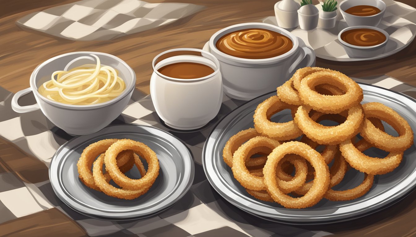 Golden onion rings piled on a checkered plate with a side of dipping sauce, set against a rustic backdrop