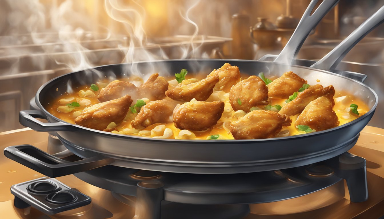 A large skillet sizzling with golden-brown chicken pieces, surrounded by bubbling oil and a cloud of steam