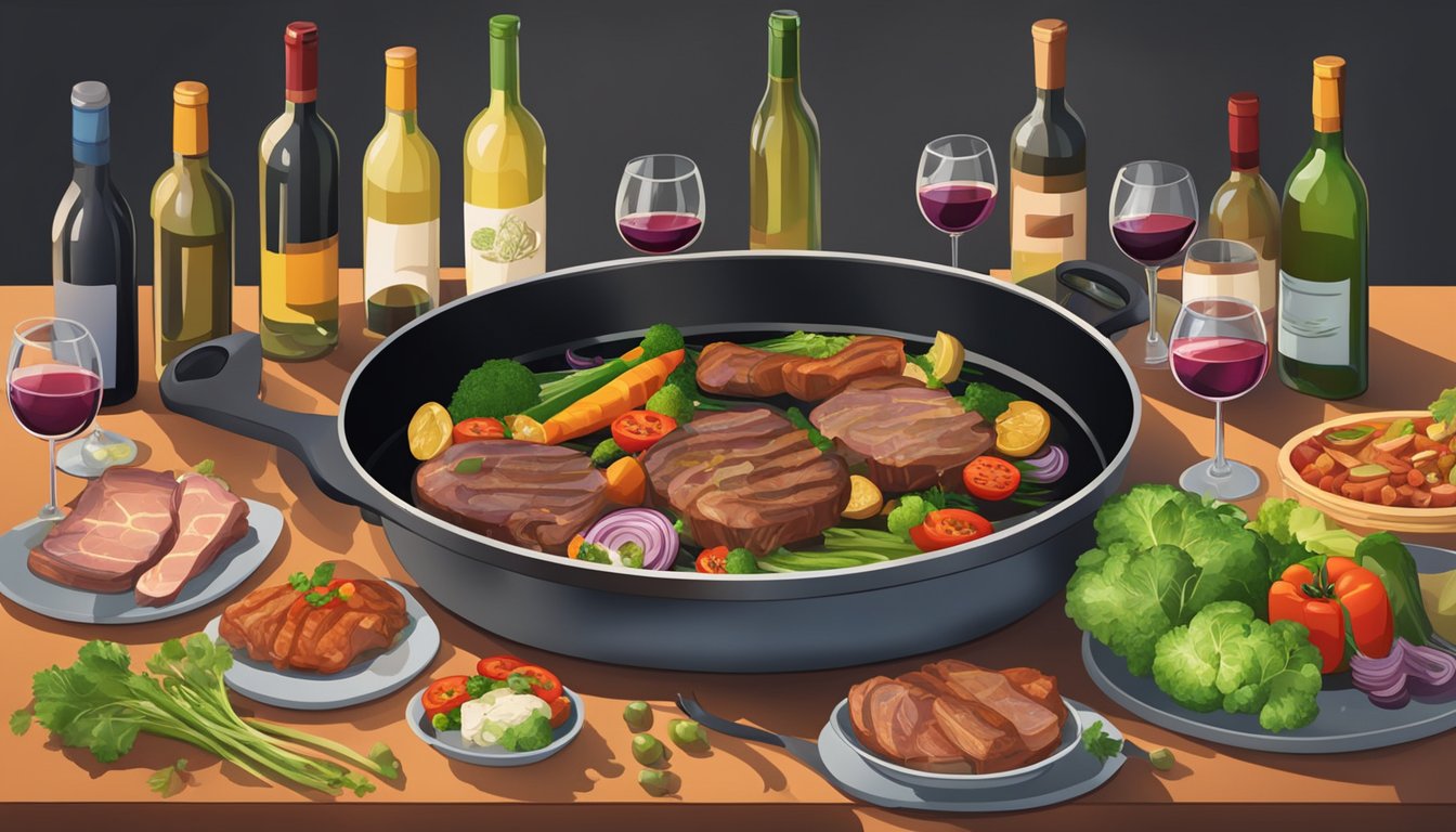 A large frying pan sizzling with an array of meats and vegetables, surrounded by various bottles of wine and glasses