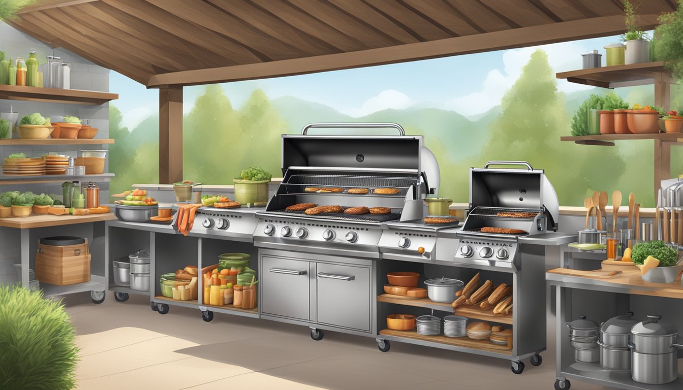 A large outdoor grill with multiple frying stations, surrounded by shelves of cooking utensils and storage containers